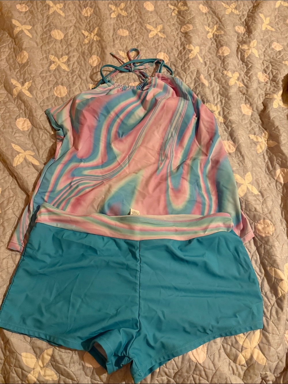 Swirl Print Halter Tankini Top with Aqua Swim Shorts Ladies XL EUC